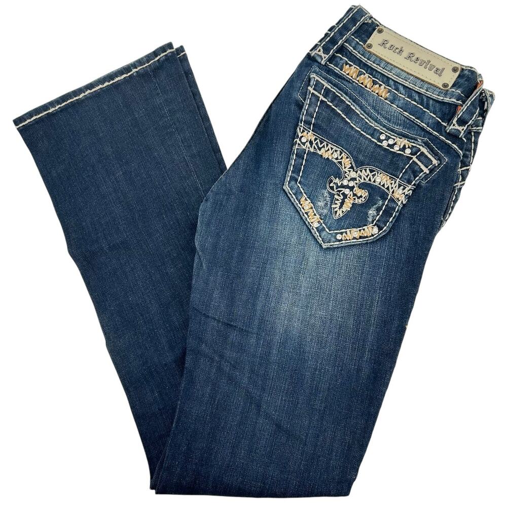 Vintage y2k women's lowrise Rock Revival Amy Bootcut dark wash blue denim jeans